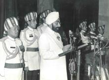 President Gaini Zail Singh at the swearing in Cerempny of Rajiv Gandhi as the Prime Minister of India