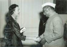 President Dr. Rajendra Prasad greeting Lady Mountbatten at Rashtrapati Bhavan