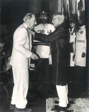 President R. Venkataraman presenting Bharat Ratna to Shri J.R.D. Tata at a Civil Investiture Ceremony at Rashtrapati Bhavan