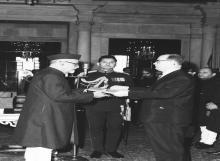 Dr. Peter Kos, Ambassador of the Hungarian People's Republic presenting his Letter of Credence to the President Dr. Zakir Husain, at Rashtrapati Bhavan.