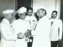 President Dr. Rajendra Prasad with Vice President Dr. Radhakrishnan and Prime Minister Pandit Nehru
