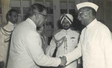 H.E. Mr. Firoz Khan Noon, Prime Minister of Pakistan, being received by President Dr. Rajendra Prasad at Rashtrapati Bhavan