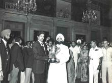 President Gaini Zail Singh receiving the Indian Cricket Team after the World Cup Victory