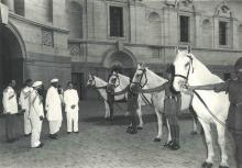 The Maharaja of Baroda presenting four white horses from his stables to the President at Rashtrapati Bhavan