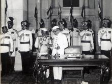 President Shri Fakhruddin Ali Ahmed administering Oath of Vice President of India to Shri B.D. Jatti at Rashtrapati Bhavan