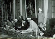 President Dr. Rajendra Prasad having Lunch with H.H. the Dalai Lama and H.H. the Panchen Lama