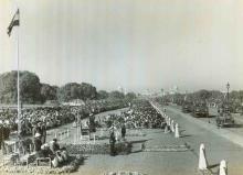 President Dr. Rajendra Prasad taking a salute at the Ceremonial Parade on Republic Day
