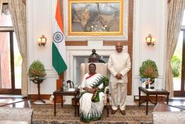The President of India, Smt. Droupadi Murmu with former President Shri Ram Nath Kovind after assumption of office as President of India at Rashtrapati Bhavan on July 25, 2022.