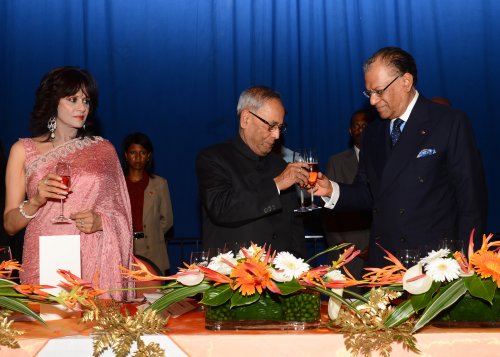 The President of India, Shri Pranab Mukherjee and the Prime Minister of Republic of Mauritius, H.E. Dr. Navinchandran Ramgoolam, GCSK at the State Banquet hosted by the Prime Minister of Republic of Mauritius at Port Louis in Mauritius on March 11, 2013.