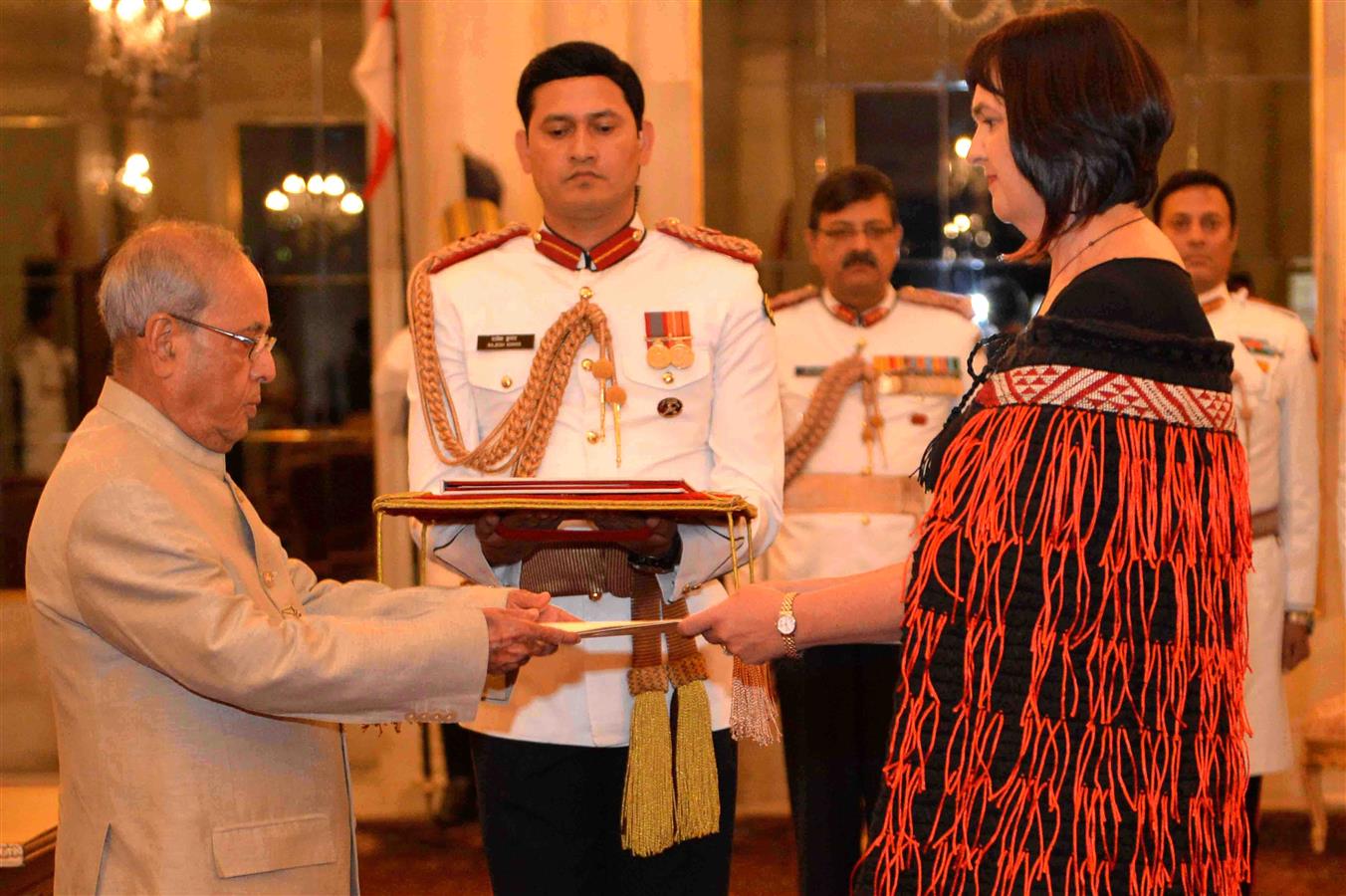 The High Commissioner of New Zealand, Her Excellency Ms. Joanna Kempskers presenting her credential to the President of India, Shri Pranab Mukherjee at Rashtrapati Bhavan on March 29, 2017.
