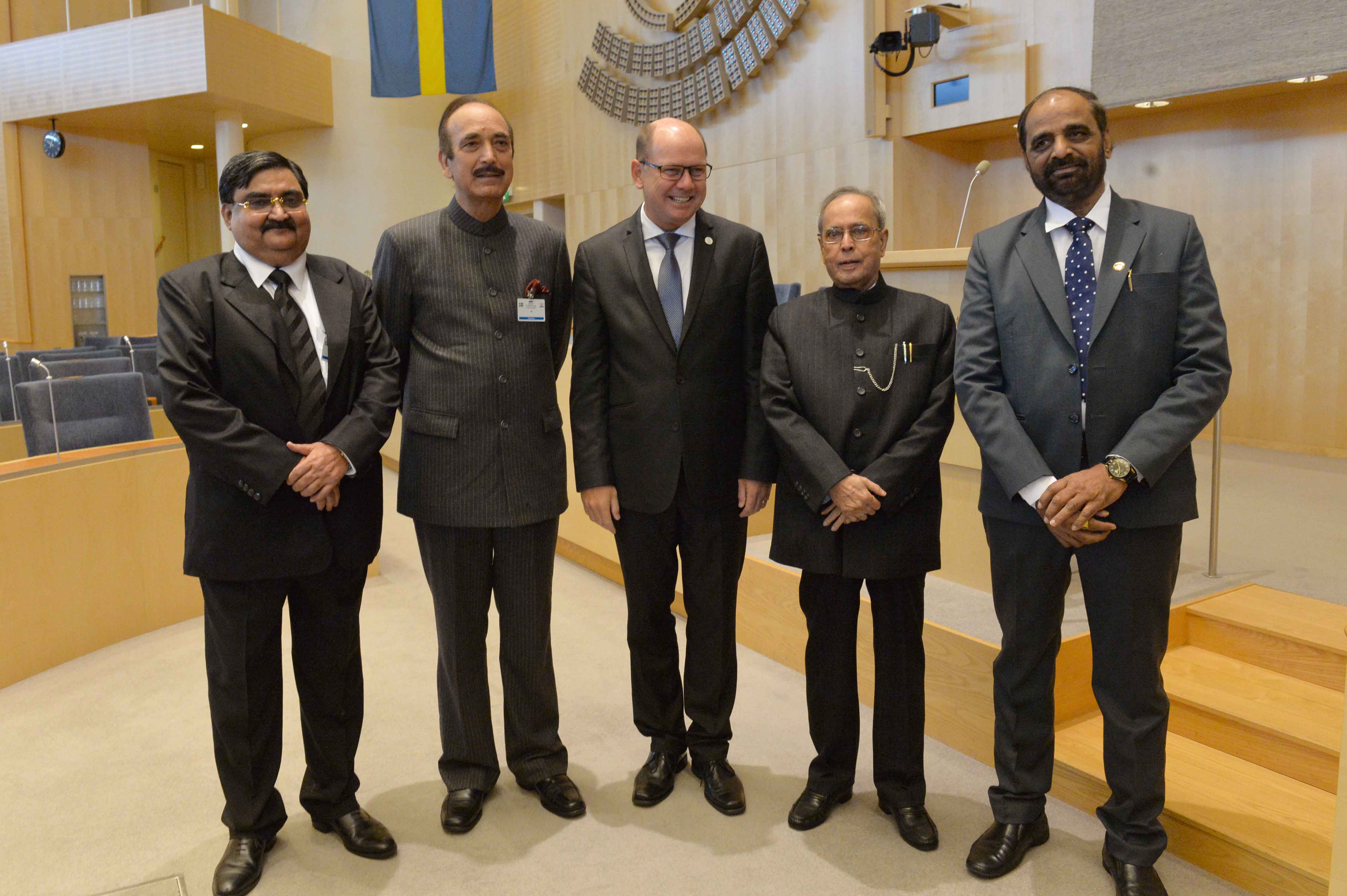 The President, Shri Pranab Mukherjee with the Speaker of the Riksdag, H.E. Mr. Uban Ahlin at Riksdagen in Stockholm at Sweden on June 01, 2015. The Minister of State for Chemicals and Fertilizers, Shri Hansraj Gangaram Ahir and other dignitaries are also