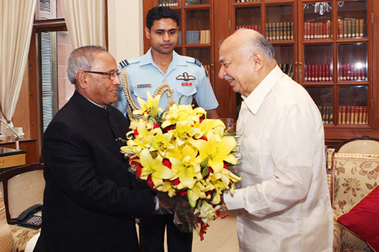 The Union Minister of Home Affairs, Shri Sushilkumar Shinde calling on the President of India, Shri Pranab Mukherjee, on August 1, 2012 to felicitate him on his assumption of office as the President of India.