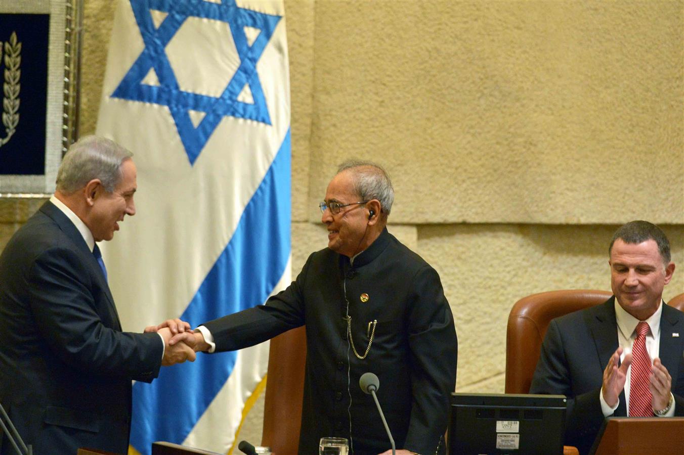 The President of India, Shri Pranab Mukherjee shaking hands after addressing the members of the Knesset (Israeli Parliament) at Jerusalem on October 14, 2015.