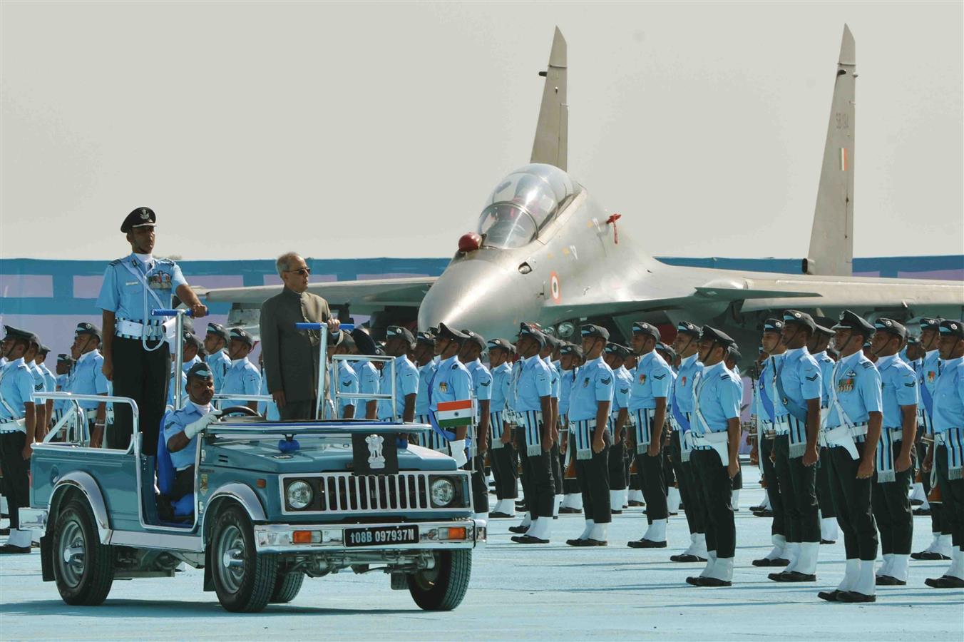 The President of India, Shri Pranab Mukherjee inspecting the Guard of Honour at the Standard Presentation to 18 Sqn and 22 Sqn of Indian Air Force at Air Force Station, Hasimara in West Bengal on November 28, 2015.