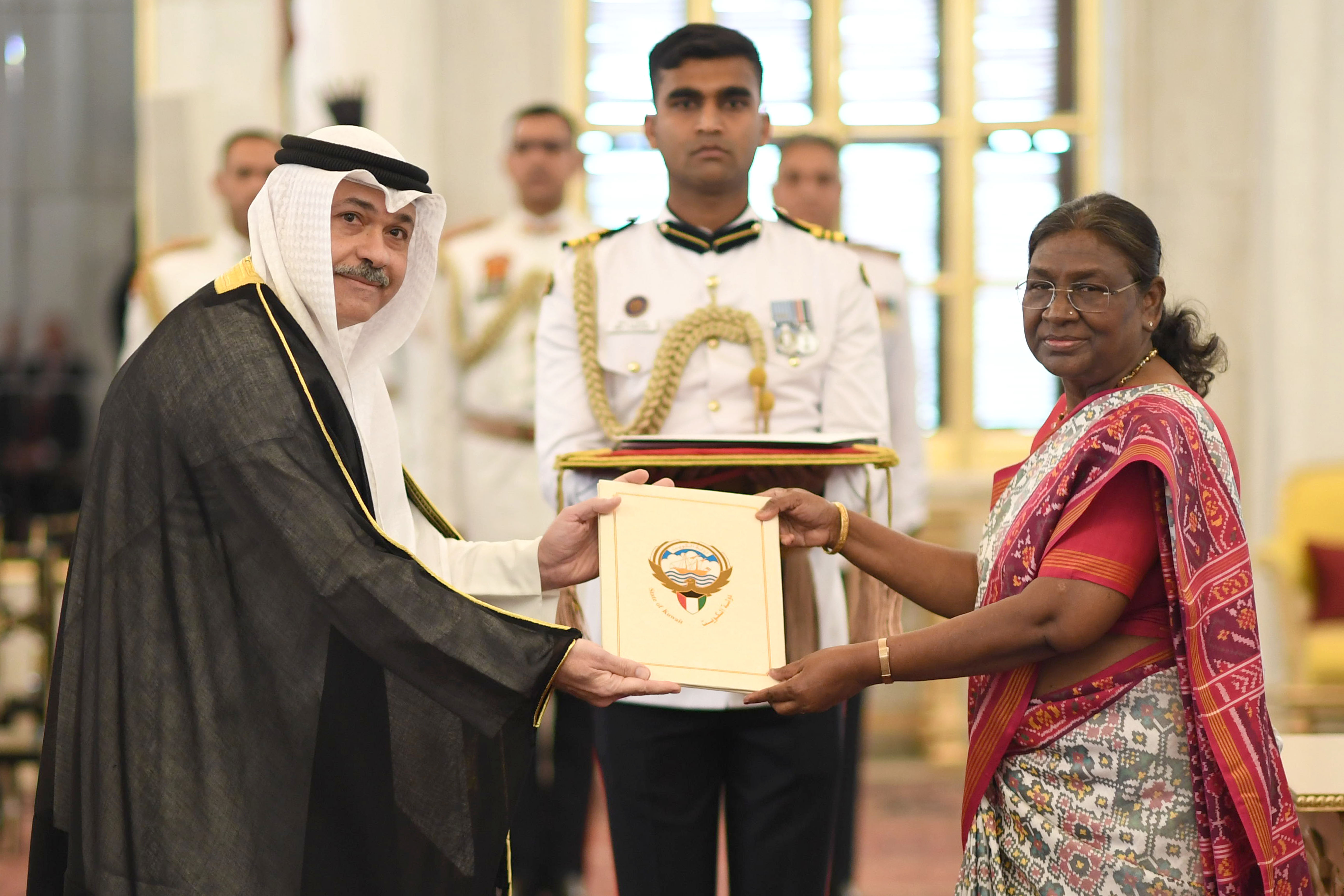 H.E. Mr Meshal Mustafa J Alshemali, Ambassador of the State of Kuwait presenting credentials to the President of India, Smt Droupadi Murmu at a ceremony held at Rashtrapati Bhavan on May 31, 2024.