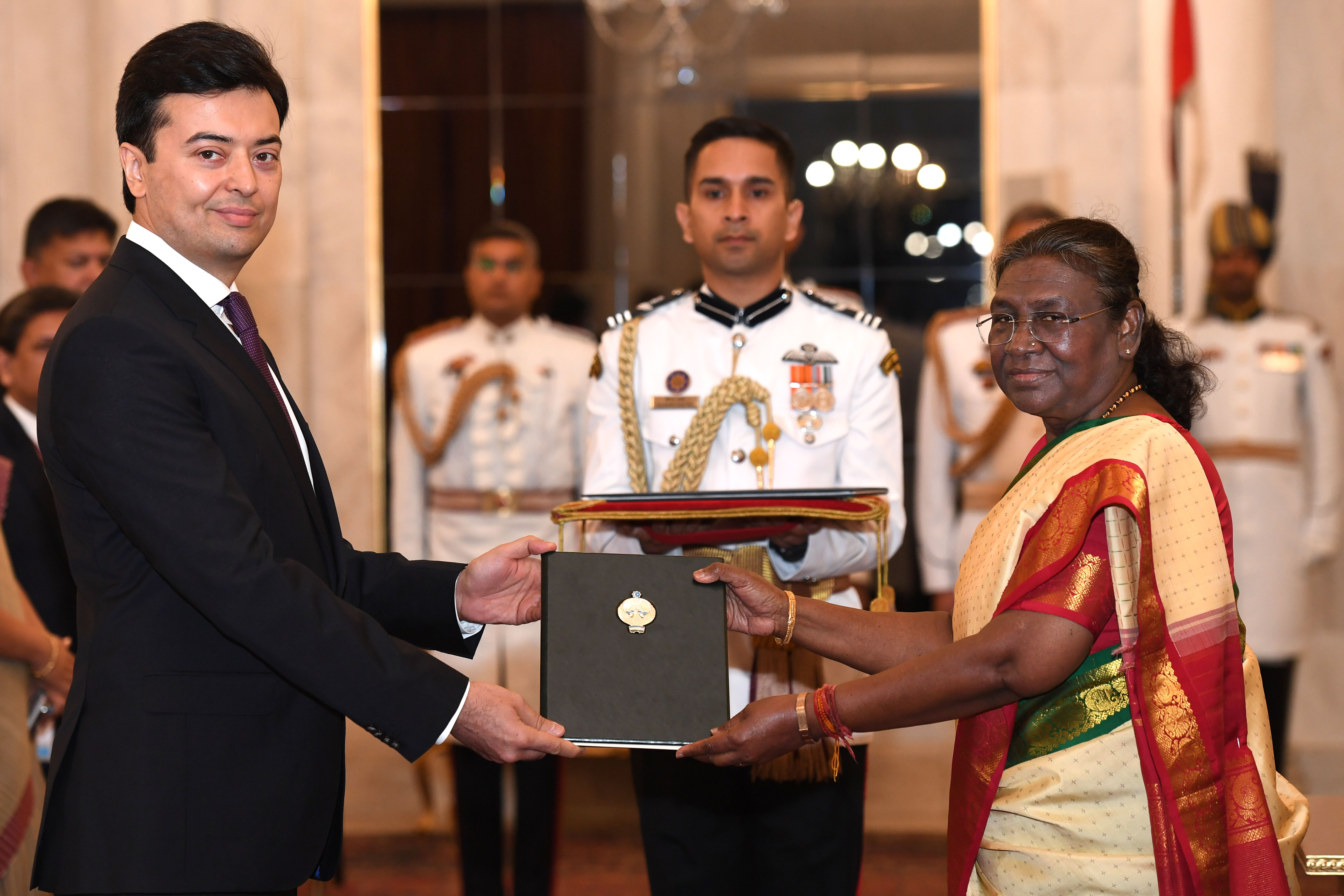 H.E. Mr Sardor Rustambaev, Ambassador of the Republic of Uzbekistan presenting credentials to the President of India, Smt Droupadi Murmu at Rashtrapati Bhavan on March 27, 2024.