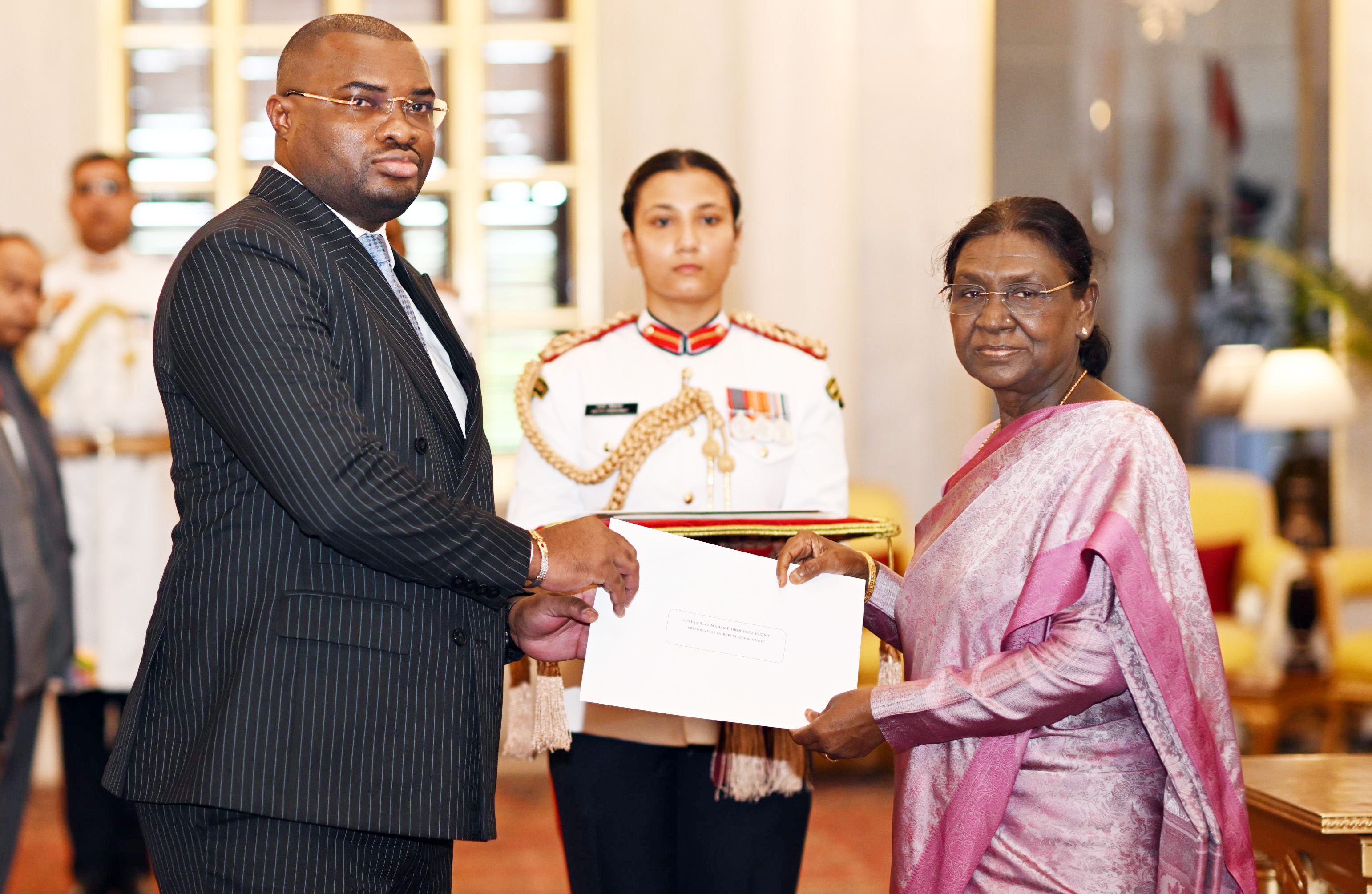 H.E. Mr. Aurelien-Marcel Mintsa Nguema, High Commissioner of the Gabonese Republic presenting credentials to the President of India, Smt Droupadi Murmu at a ceremony held at Rashtrapati Bhavan on July 6, 2026.
