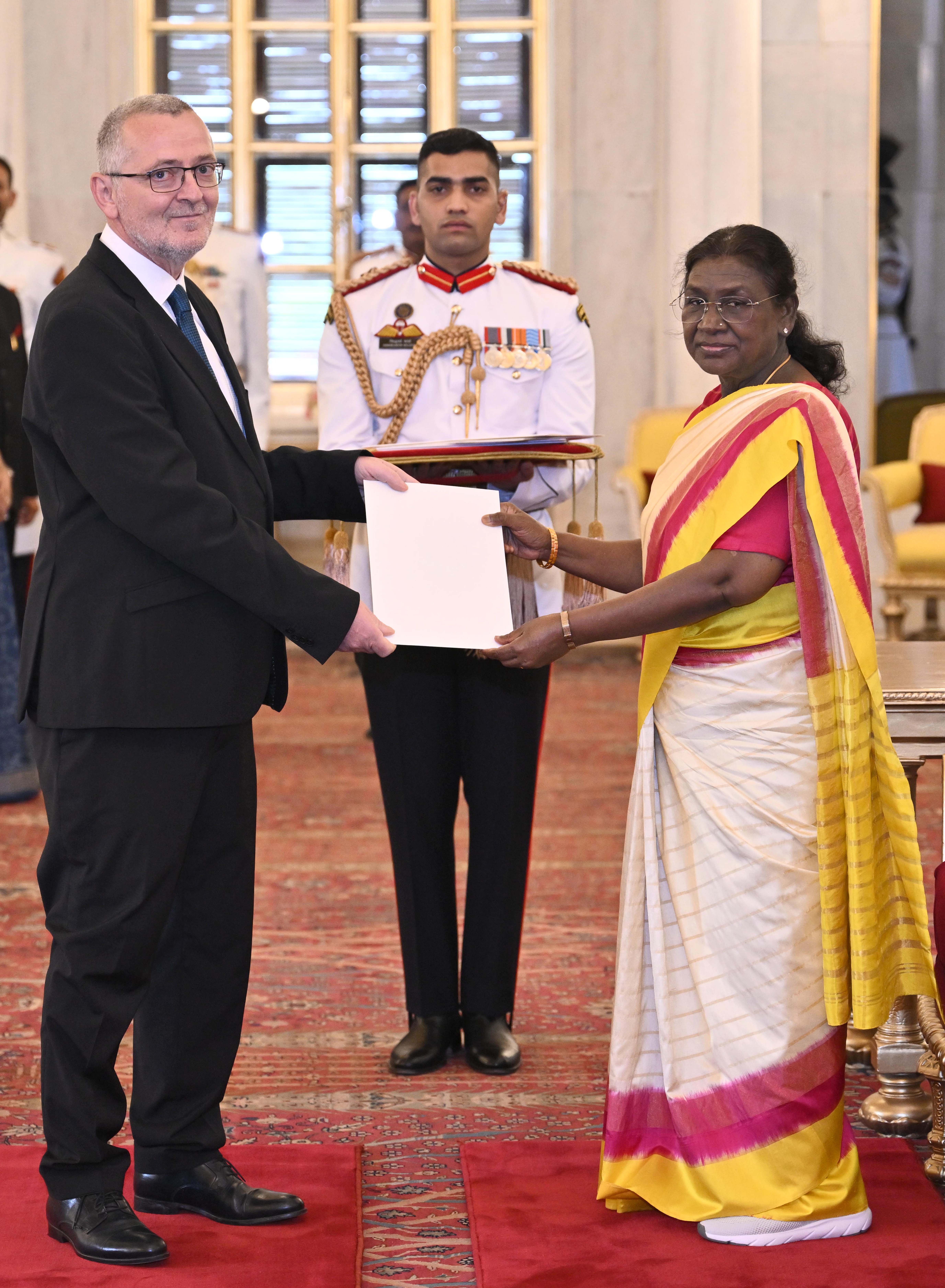 H.E. Mr Tomaz Mencin, Ambassador of the Republic of Slovenia presenting credentials to the President of India, Smt Droupadi Murmu at a ceremony held at Rashtrapati Bhavan on October 3, 2025.