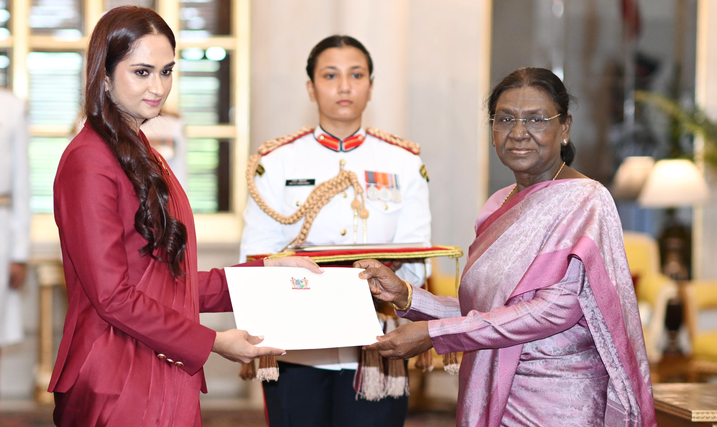 H.E. Mrs. Hanisha Jairam, Ambassador of the Republic of Suriname presenting credentials to the President of India, Smt Droupadi Murmu at a ceremony held at Rashtrapati Bhavan on July 6, 2026.