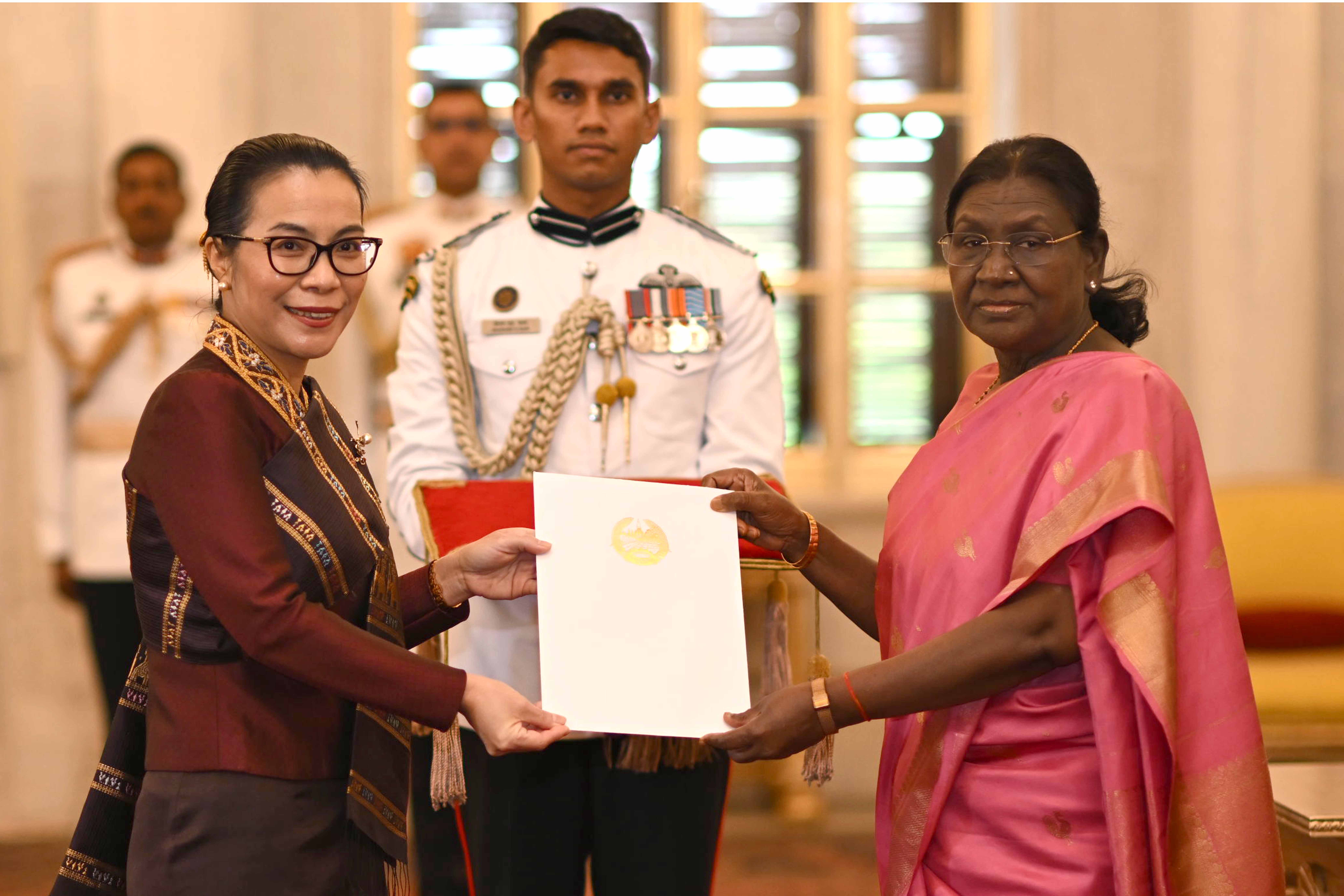   H.E. Mrs Vithaya Xayavong, Ambassador of the Lao People’s Democratic Republic presenting credentials to the President of India, Smt Droupadi Murmu at a ceremony held at Rashtrapati Bhavan on April 23, 2026.