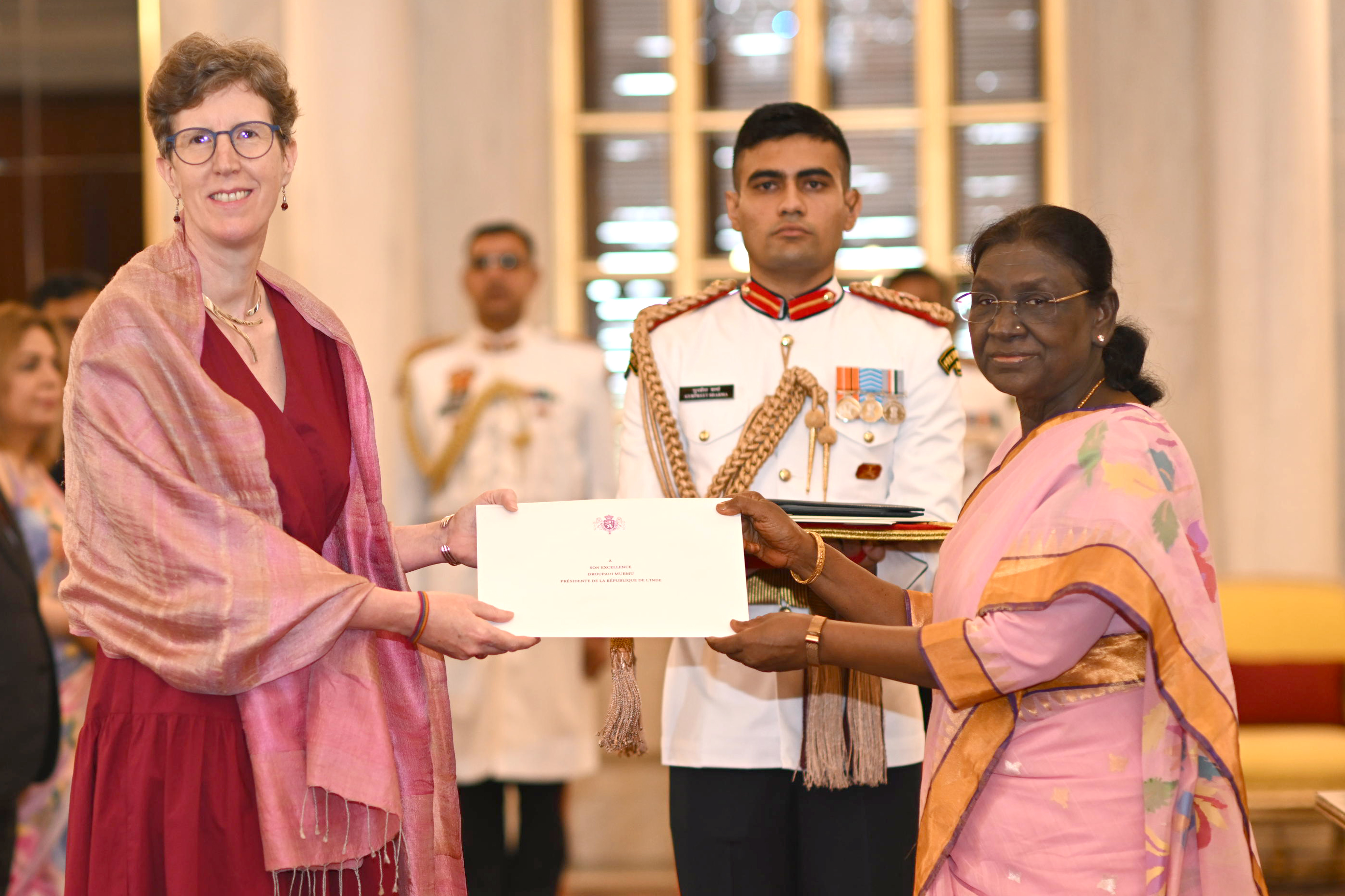  H.E. Ms Sophie Karlshausen, Ambassador of the Kingdom of Belgium presenting credentials to the President of India, Smt Droupadi Murmu at a ceremony held at Rashtrapati Bhavan on September 25, 2026.