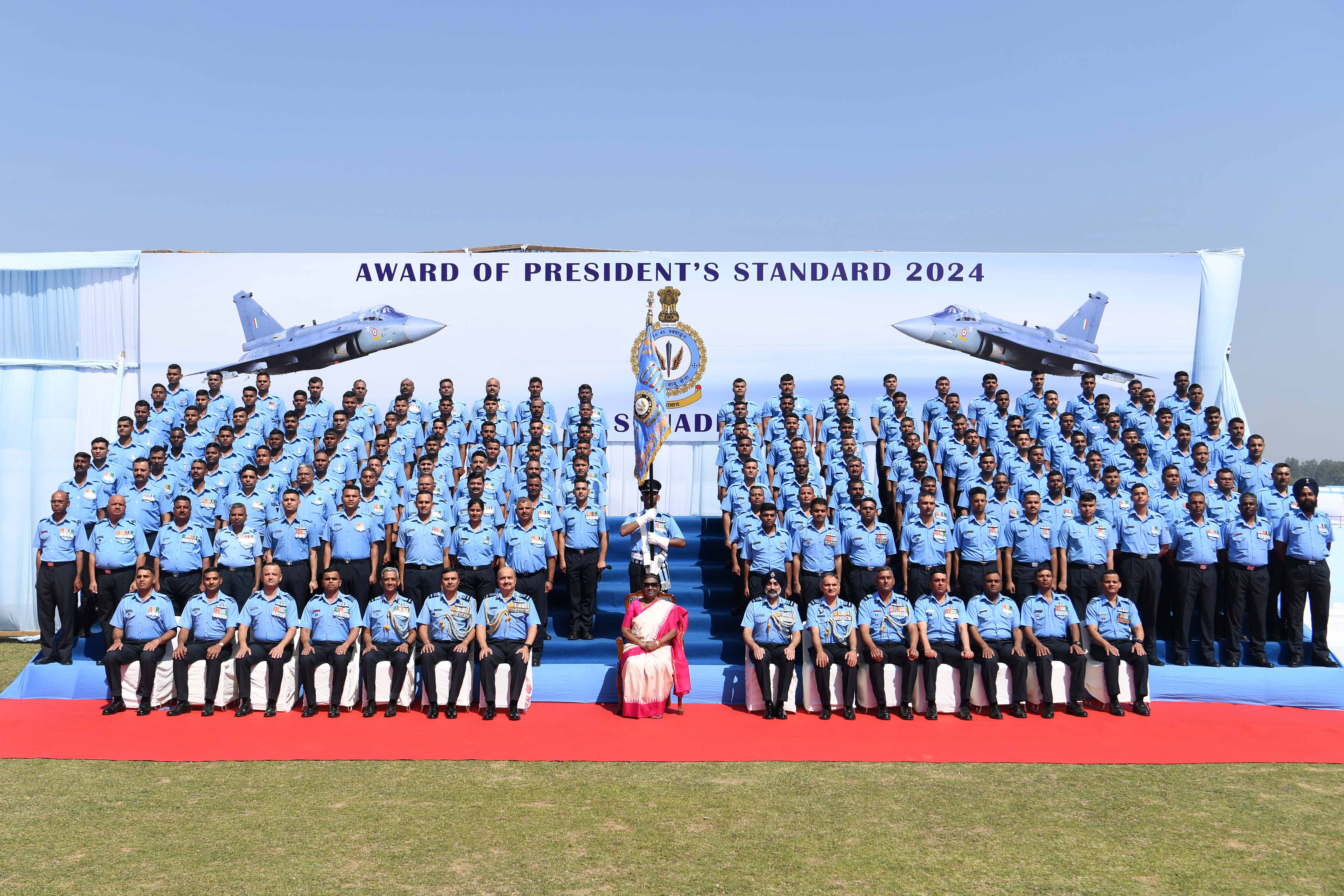 President Droupadi Murmu presents President's Standard to 45 Sqn & 221 Sqn and President's Colours to 11 BRD & 509 SU at Colours Presentation 2024 at Air Force Station Hindon, Ghaziabad on Mar 8, 2024. President Droupadi Murmu presents President's Standard to 45 Sqn & 221 Sqn and President's Colours to 11 BRD & 509 SU at Colours Presentation 2024 at Air Force Station Hindon, Ghaziabad on Mar 8, 2024.