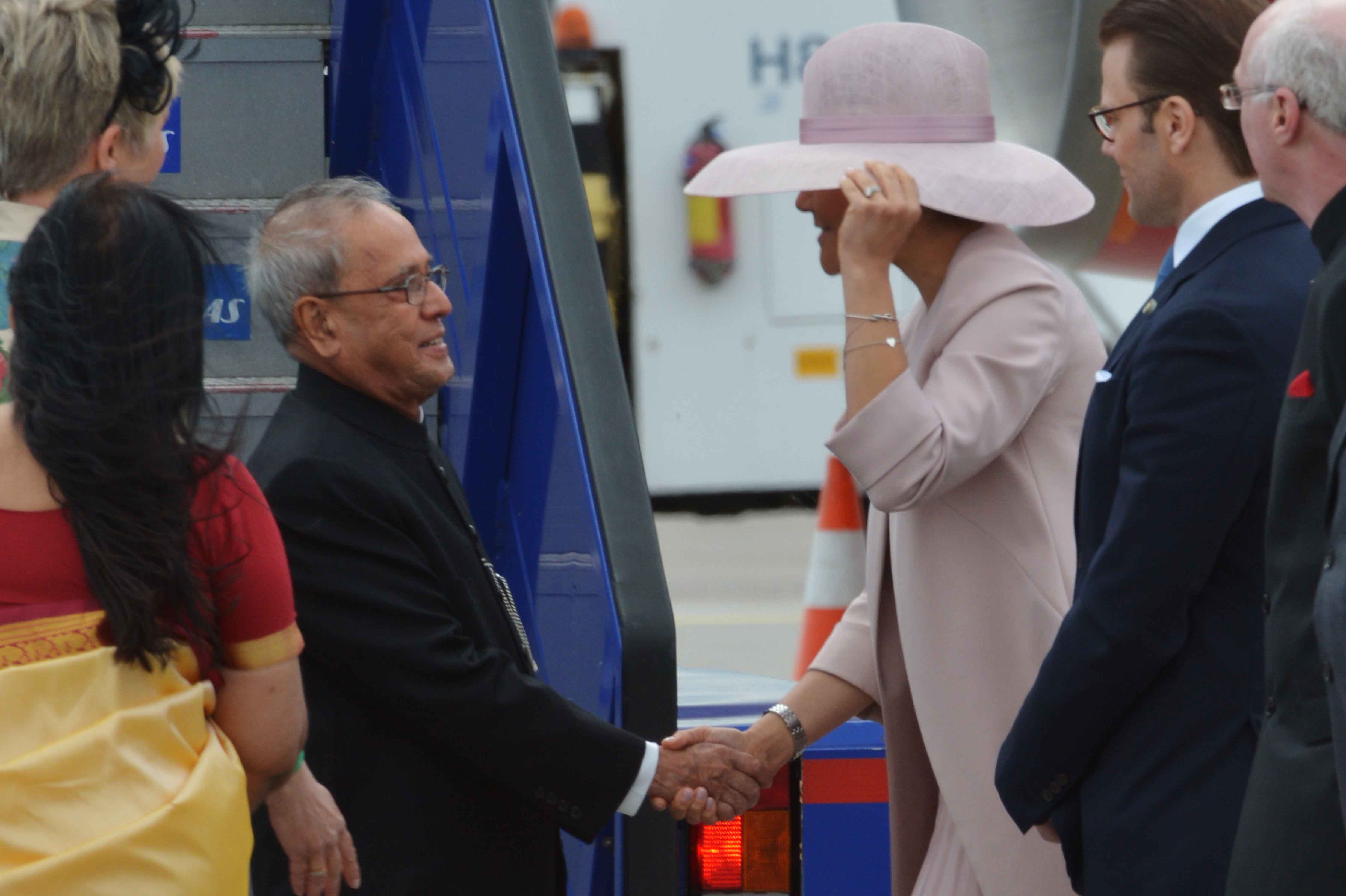 The President of India, Shri Pranab Mukherjee being received by Princess Victoria, His Royal Highness Prince Carl Philip on his arrival at Stockholm (Arlanda Airport) in Sweden on May 31, 2015.