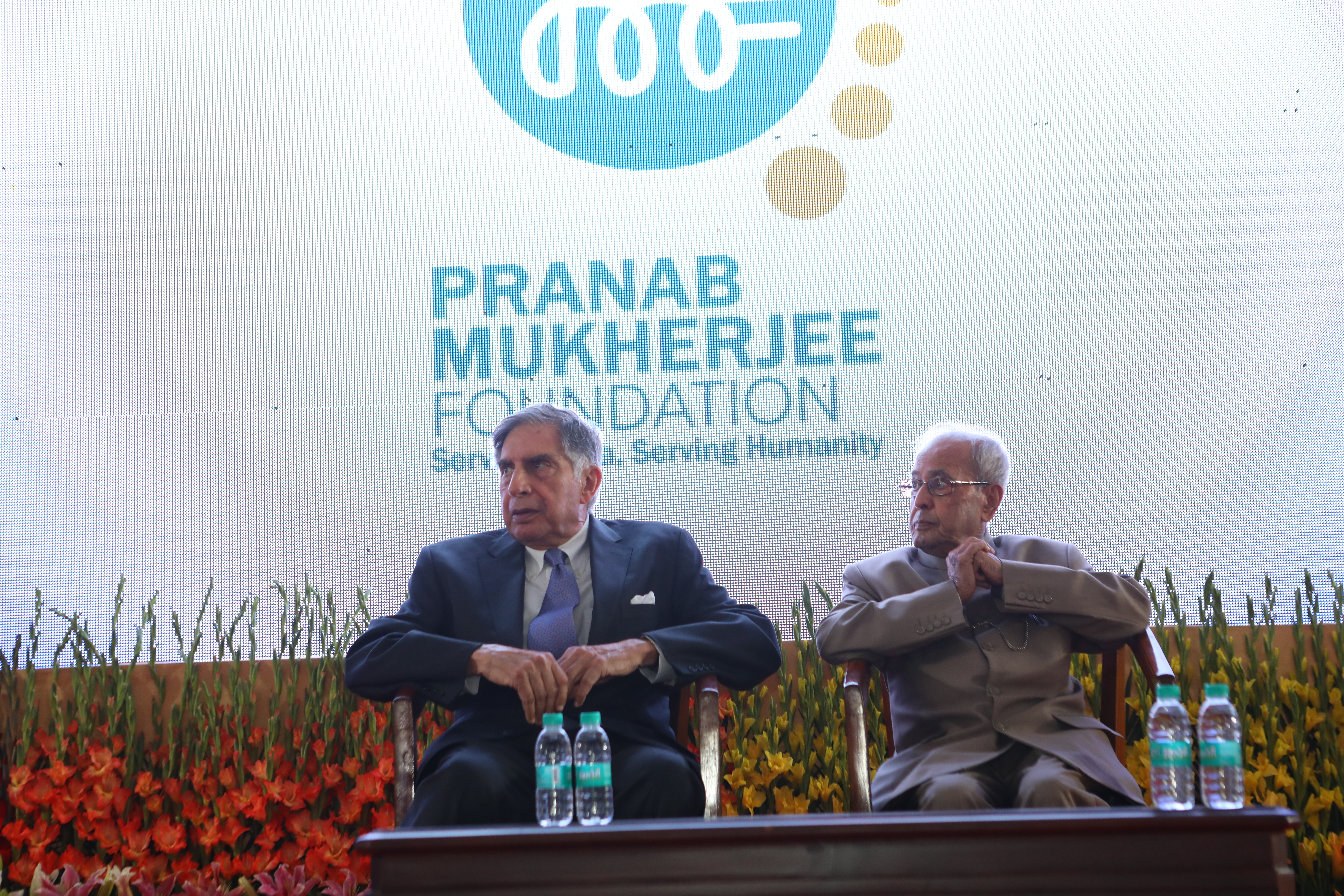 The Former President of India, Shri Pranab Mukherjee with Shri Ratan Tata at the launch of Pranab Mukherjee Foundation at 10, Rajaji Marg in New Delhi on March 15, 2018.