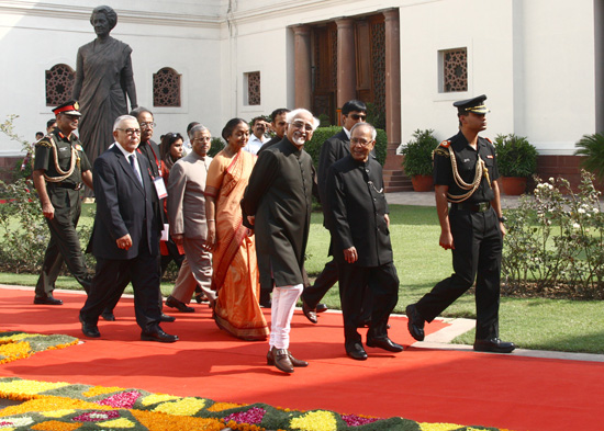 The President of India, Shri Pranab Mukherjee walking in procession towards the Central Hall of Parliament in New Delhi on October 3, 2012 to attend the inaugural ceremony of Seventh Meeting of Women Speakers of Parliament on Gender Sensitive Parliaments