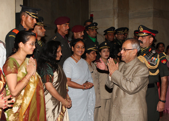 The President of India, Shri Pranab Mukherjee meeting with the Territorial Army Officers, JCOs and ORs along with their spouses at Rashtrapati Bhavan in New Delhi on October 10, 2012.