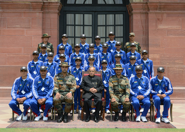 The President of India, Shri Pranab Mukherjee with students from Akhnoor Jammu District of Jammu and Kashmir who visited Rashtrapati Bhavan on June 14, 2014 under the Operation Sadbhavana tour organized by the 4/9 GR(CHINDITS). 