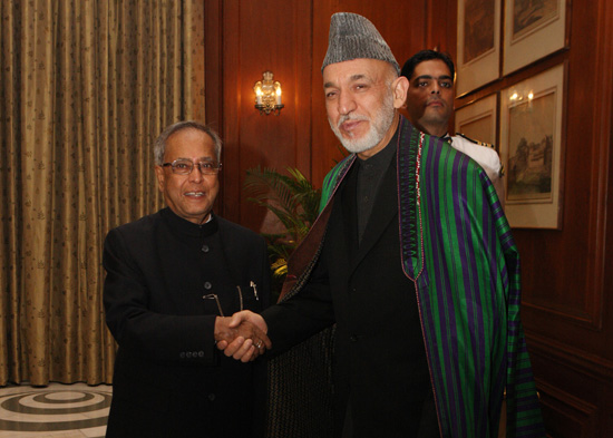 The President of the Islamic Republic of Afghanistan, H.E. Mr. Hamid Karzai calling on the President of India, Shri Pranab Mukherjee at Rashtrapati Bhavan in New Delhi on November 12, 2012.