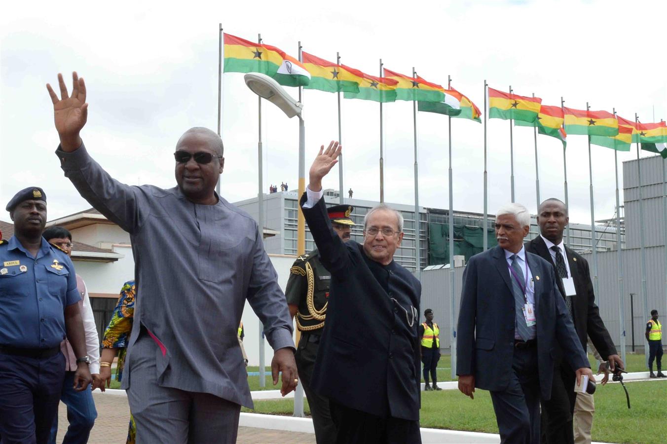The President of India, Shri Pranab Mukherjee bid farewells by the President of the Republic of Ghana, H.E. Mr. John Dramani Mahama during his departure from Kotoka International Airport in Ghana (Accra) on June 14, 2016. 