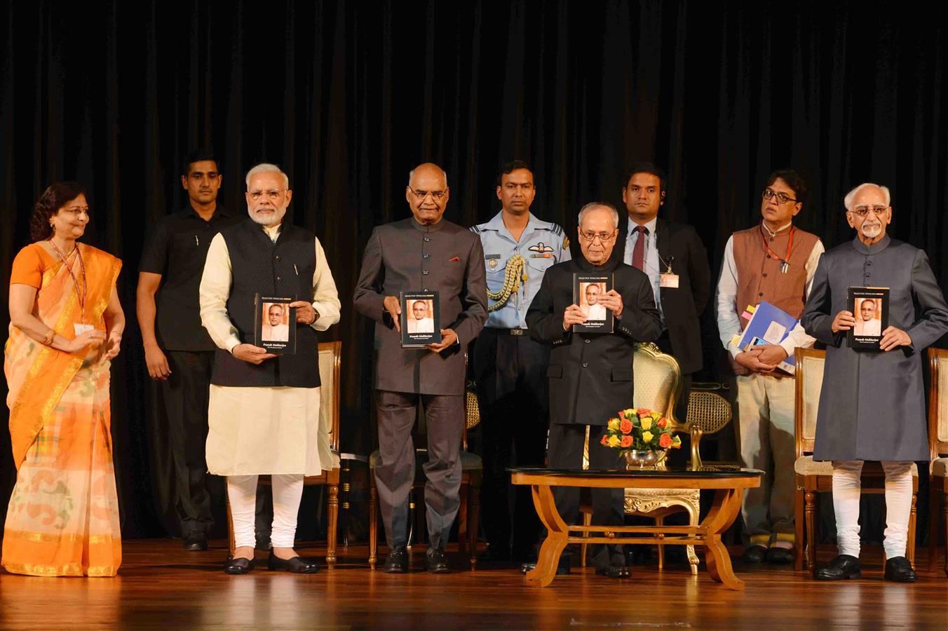 The President of India, Shri Pranab Mukherjee receiving the first copy of the book ‘Selected Speeches of the President (Volume-IV) from the Prime Minister of India, Shri Narendra Modi who formally released it at Rashtrapati Bhavan on the eve of demitting