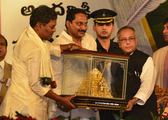 The President of India, Shri Pranab Mukherjee attending the fourth World Telugu Conference at Tirupati in Andhra Pradesh on December 27, 2012. Also seen are the Governor of Andhra Pradesh, Shri E.S.L. Narasimhan and the Chief Minister of Andhra Pradesh, S