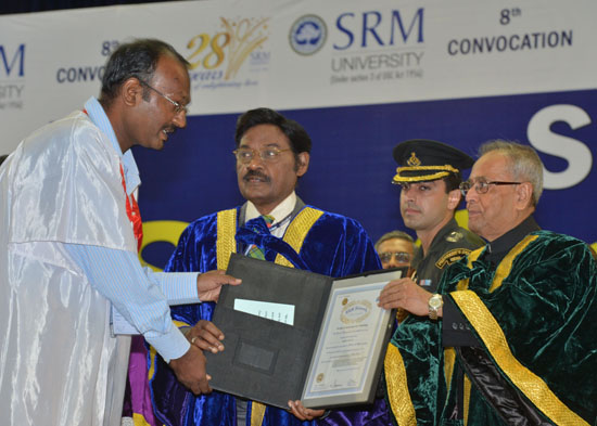 The President of India, Shri Pranab Mukherjee presenting a Honorary Degree to Dr. V.K. Saraswat at the Convocation of SRM Univeristy at Chennai, Tamil Nadu on December 28, 2012. Also seen are (left to Right) the Chancellor of the SRM University, Dr T.R. P