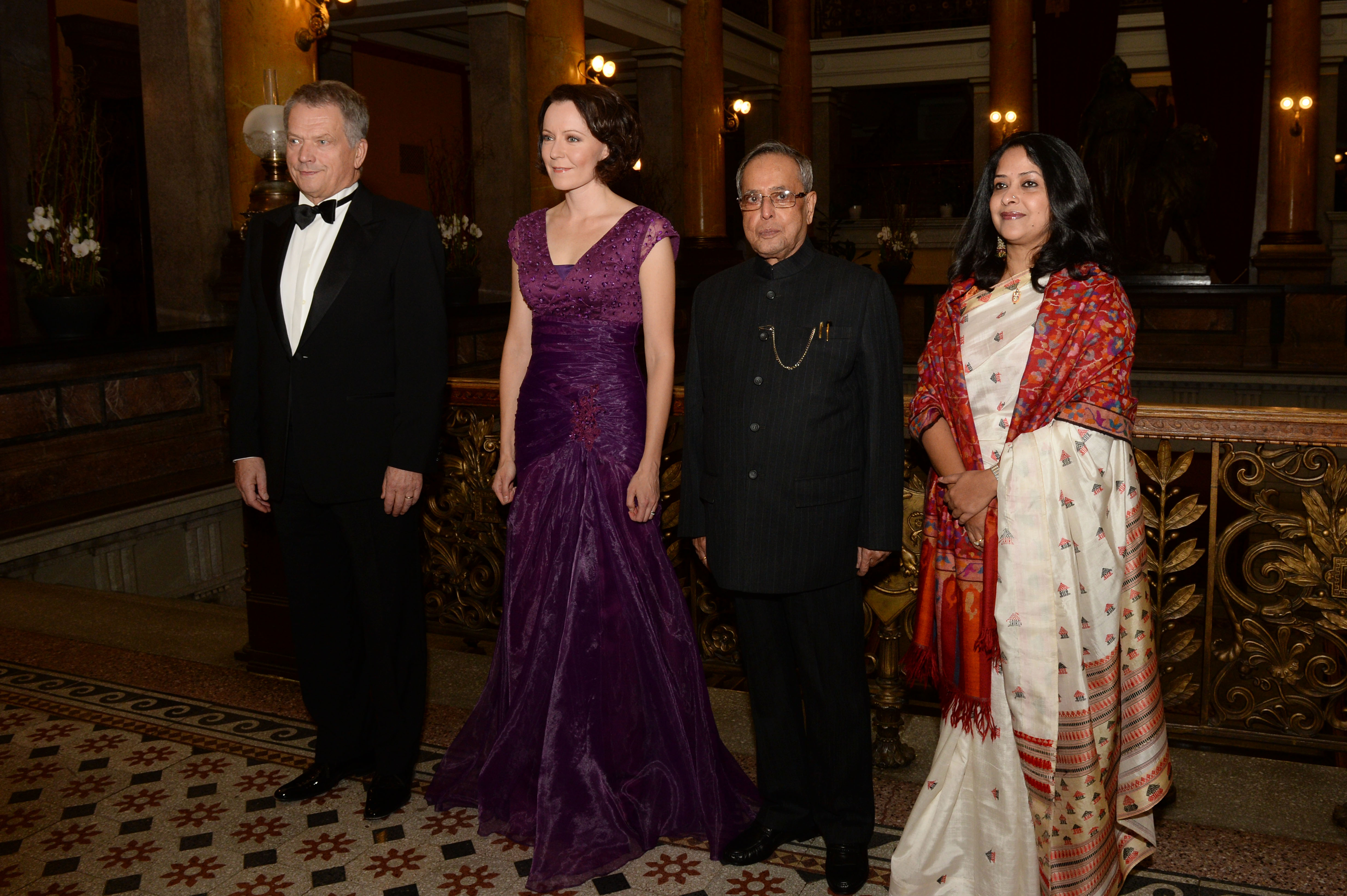The President of India, Shri Pranab Mukherjee and his daughter Ms. Sharmistha Mukherjee during State Banquet hosted by the President of Finland, H.E. Mr Sauli Niinisto along with his wife, Mrs. Jenni Haukio at House of Estates in Helsinki, Finland on Octo 