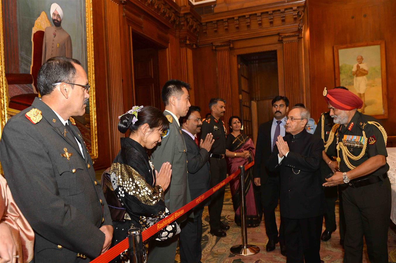 The President of India, Shri Pranab Mukherjee during the call by the members of NDC Course and Faculty of National Defene College along with their spouses at Rashtrapati Bhavan on November 4, 2015.