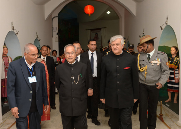 The President of India, Shri Pranab Mukherjee visiting Don Bosco Museum of Indigenous Cultures at Mawlai in Shillong, Meghalaya on October 21, 2013. Also seen is the Governor of Meghalaya, Dr. K.K. Paul.