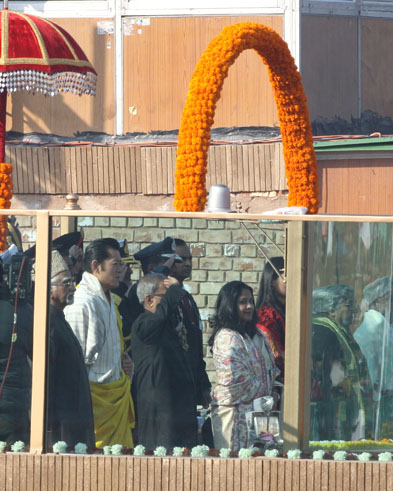 The President of India Shri Pranab Mukherjee taking the salute at the Republic Day Parade on Rajpath in New Delhi on January 26, 2013. Also seen is the Chief Guest at the 64th Republic Day Celebrations, the King of Bhutan, His Majesty, Jigme Kheser Namgye