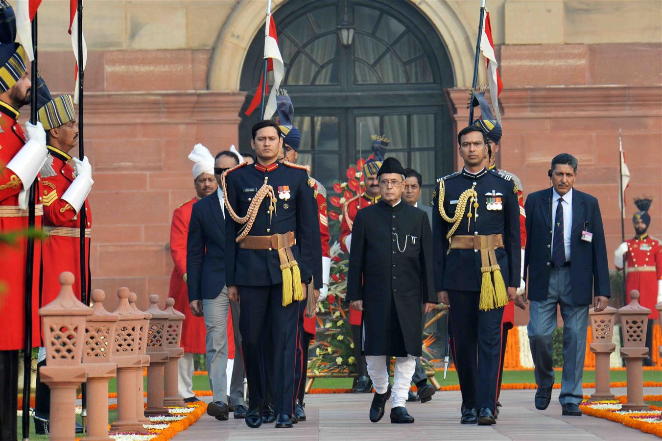 The President of India, Shri Pranab Mukherjee arriving in procession for the Republic Day 'At Home' Reception hosted by him, on the lawns of the Mughal Gardens at Rashtrapati Bhavan on January 26, 2016. 
