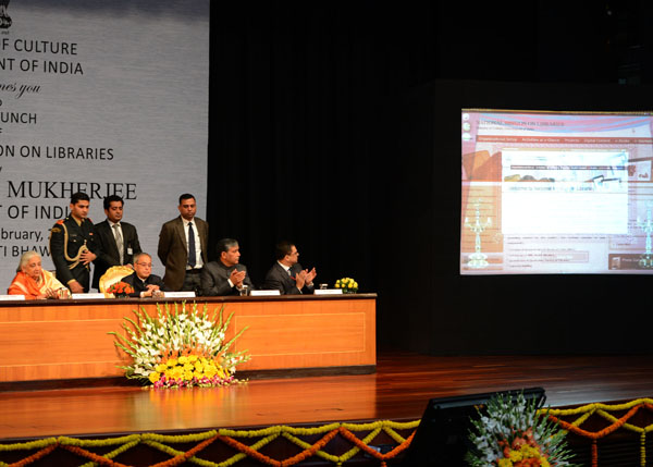 The President of India, Shri Pranab Mukherjee launching the National Mission on Libraries at Rashtrapati Bhavan Auditorium in New Delhi on February 3, 2014. Also seen is the Union Minister of Culture, Smt. Chandresh Kumari Katoch. 