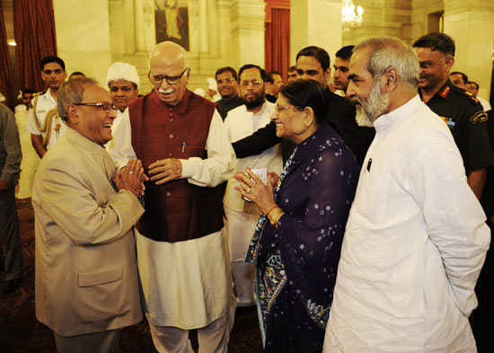 The President of India, Shri Pranab Mukherjee, senior leader of BJP, Shri Lal Krishna Advani and his wife, Smt. Kamala Advani at the Ashoka Hall of Rashtrapati Bhavan during the Iftar Reception hosted by the President on 17 August, 2012.