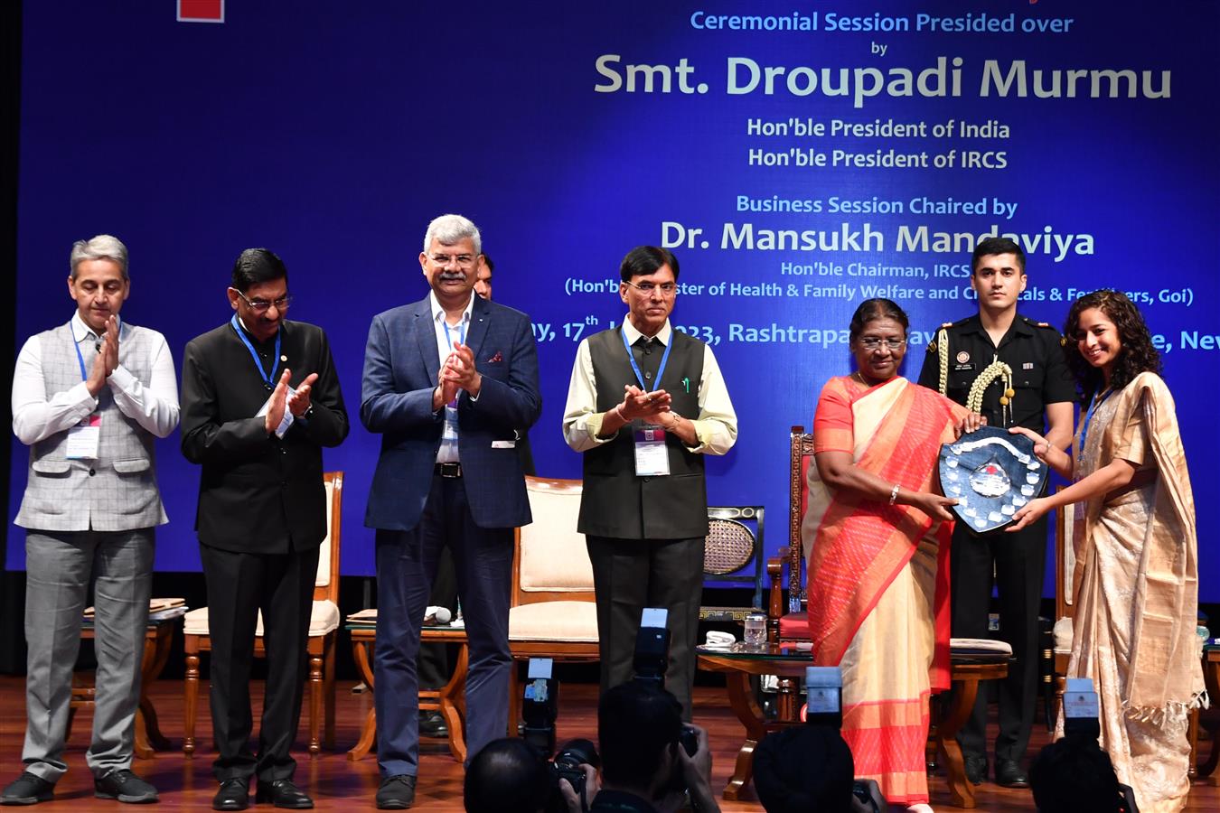 The President of India, Smt Droupadi Murmu presided over the ceremonial session of AGM of Indian Red Cross Society at Rashtrapati Bhavan Cultural Centre on July 17, 2023.