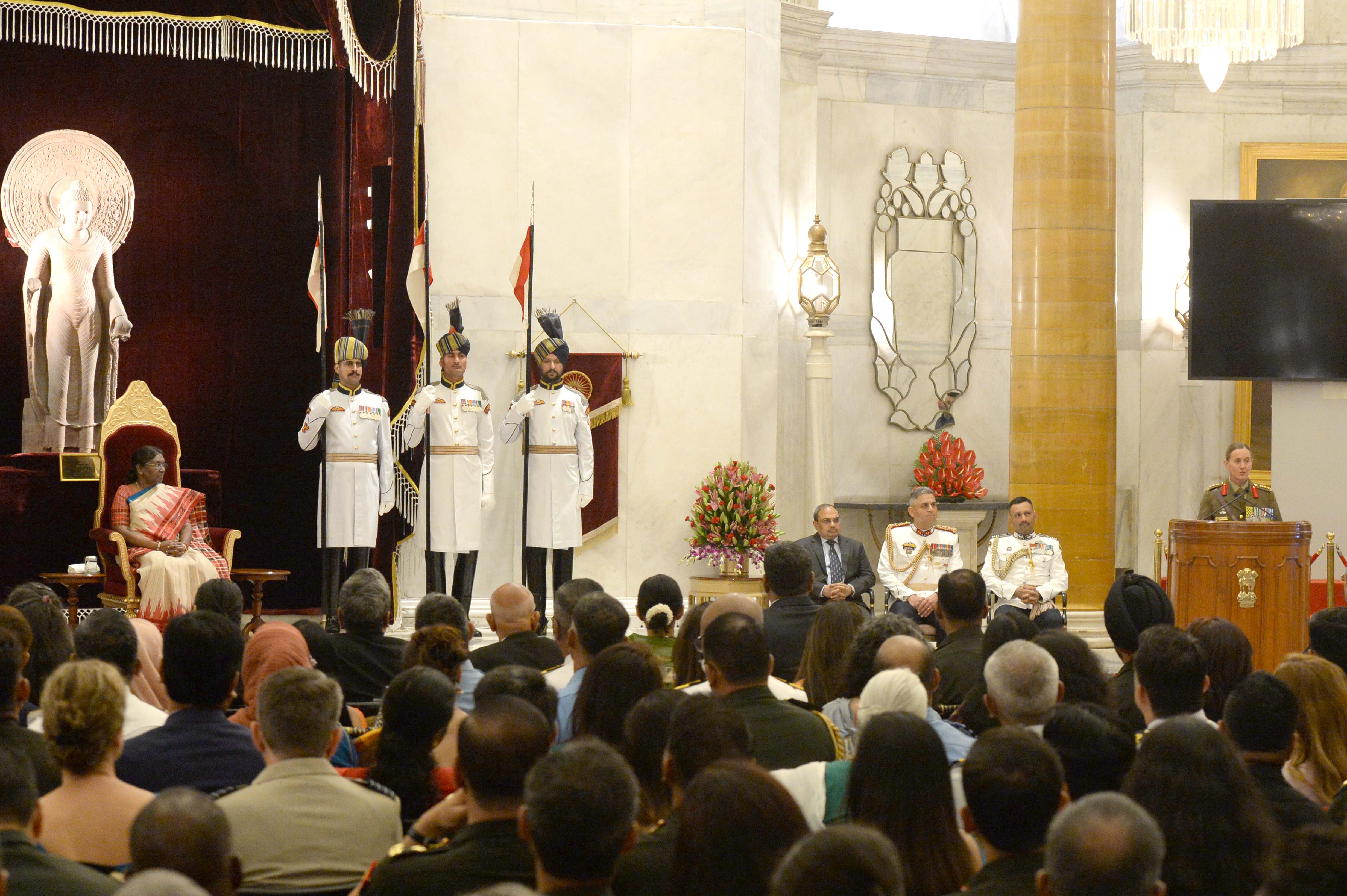 The faculty and course members of 63rd National Defence College Course, called on the President of India, Smt Droupadi Murmu at Rashtrapati Bhavan on October 4, 2023.