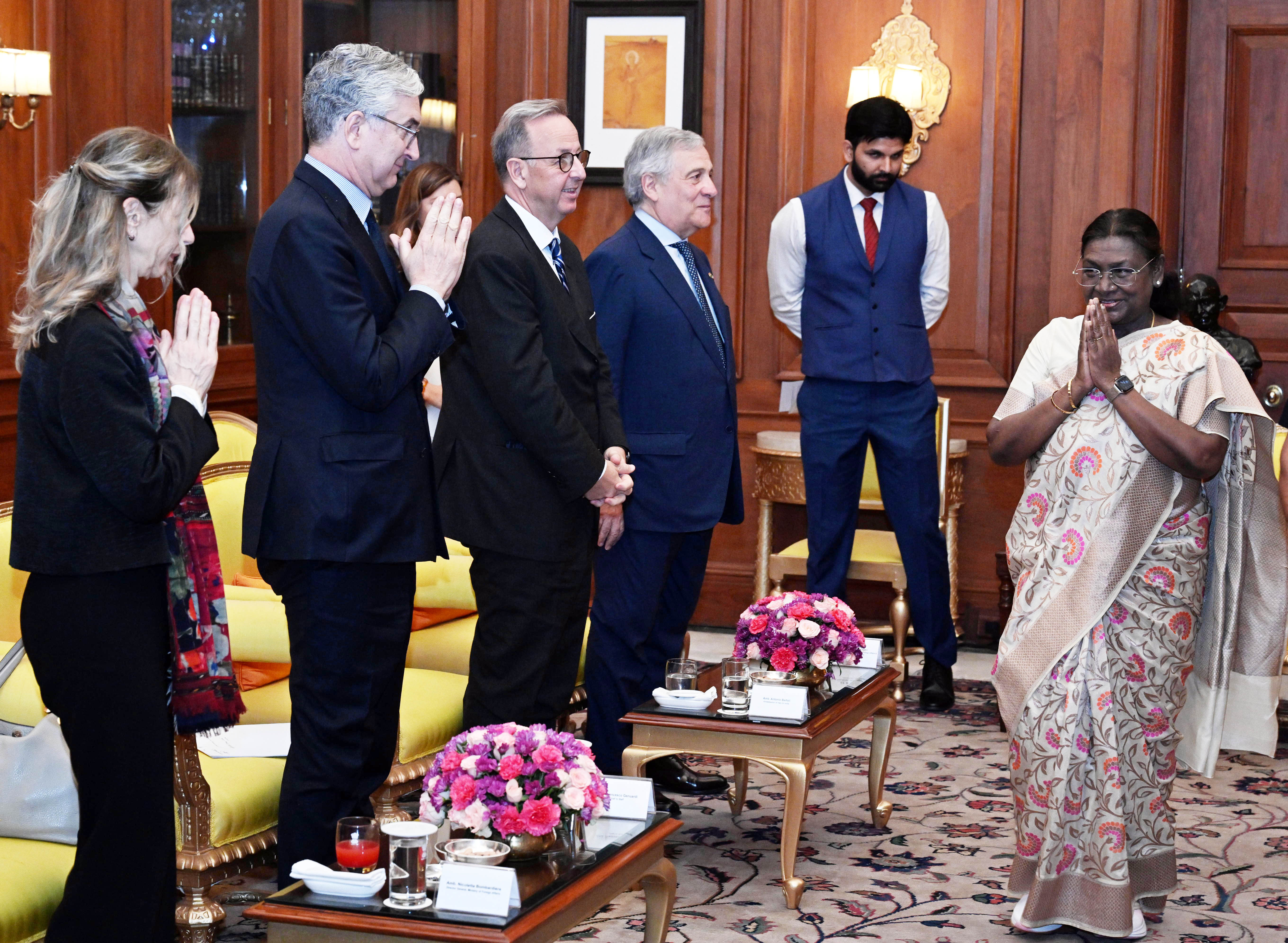 The Deputy Prime Minister and Minister of Foreign Affairs of Italy, H.E. Mr. Antonio Tajani called on the President of India, Smt. Droupadi Murmu at Rashtrapati Bhavan on April 12, 2025.