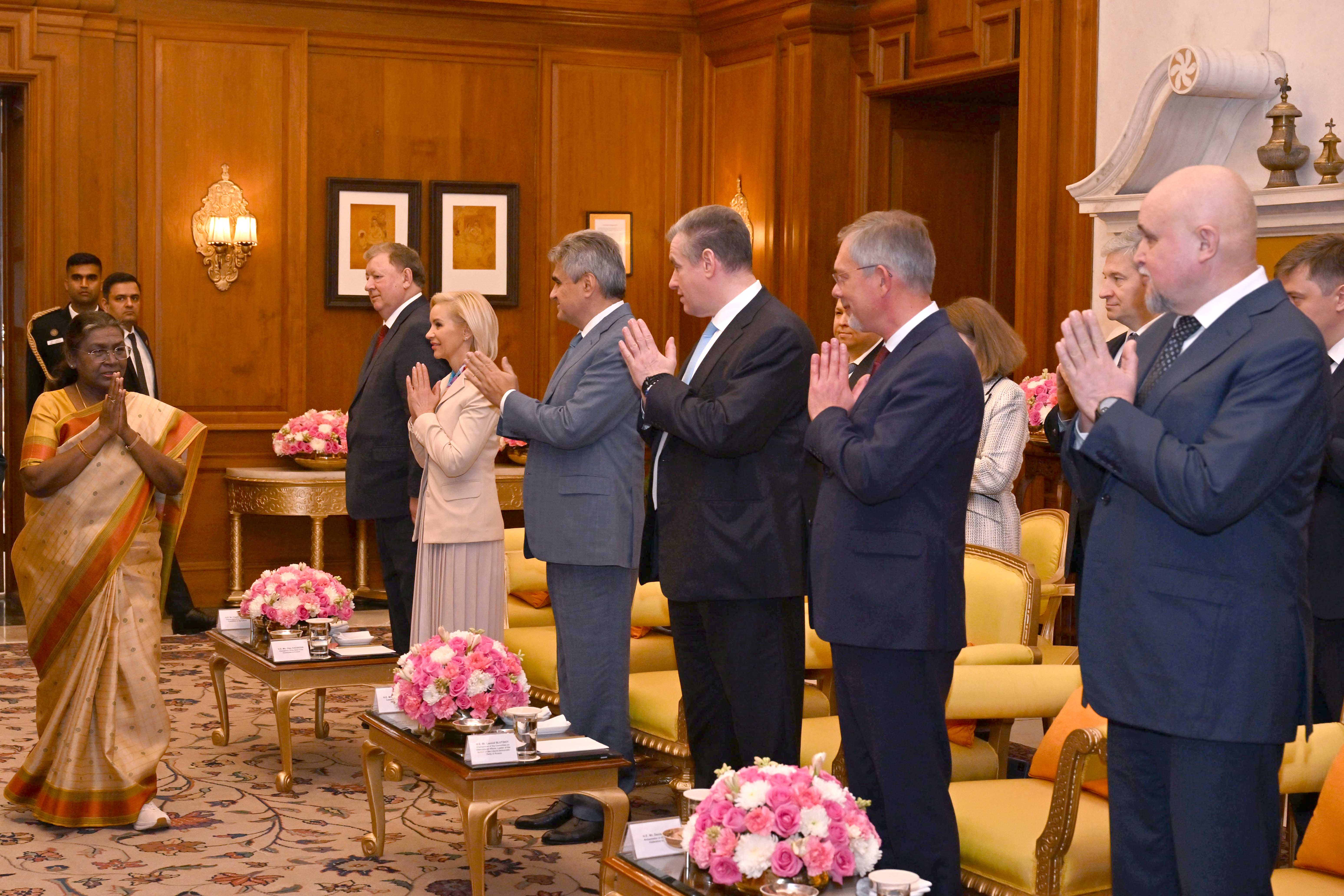 A parliamentary delegation from the Russian Federation, led by H.E. Mr Vyacheslav Volodin, Chairman of the State Duma of the Federal Assembly of the Russian Federation, called on the President of India, Smt Droupadi Murmu at Rashtrapati Bhavan on February 3, 2025.