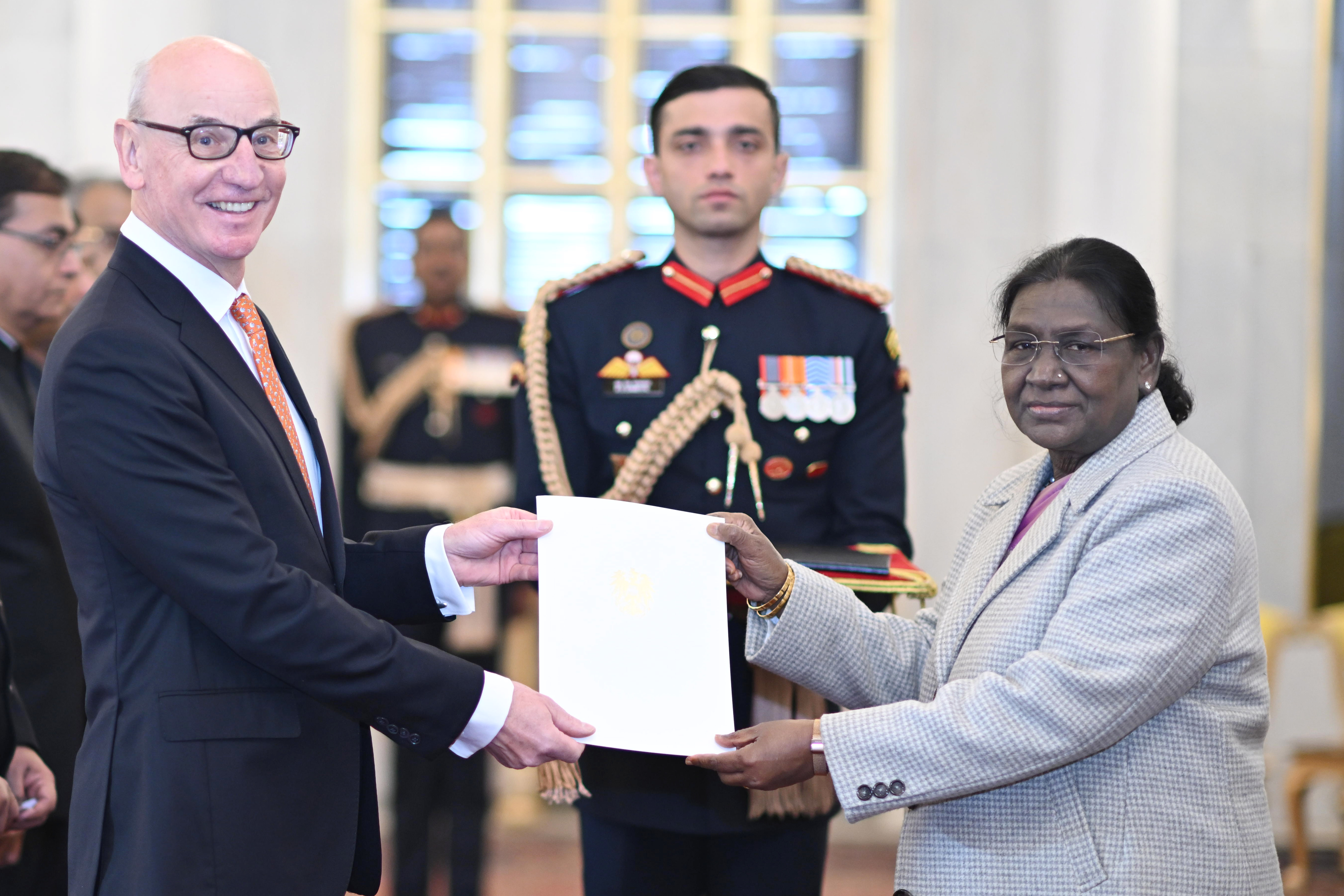  H.E. Dr Robert Zischg, Ambassador of the Republic of Austria presenting credentials to the President of India, Smt Droupadi Murmu at a ceremony held at Rashtrapati Bhavan on January 14, 2026.