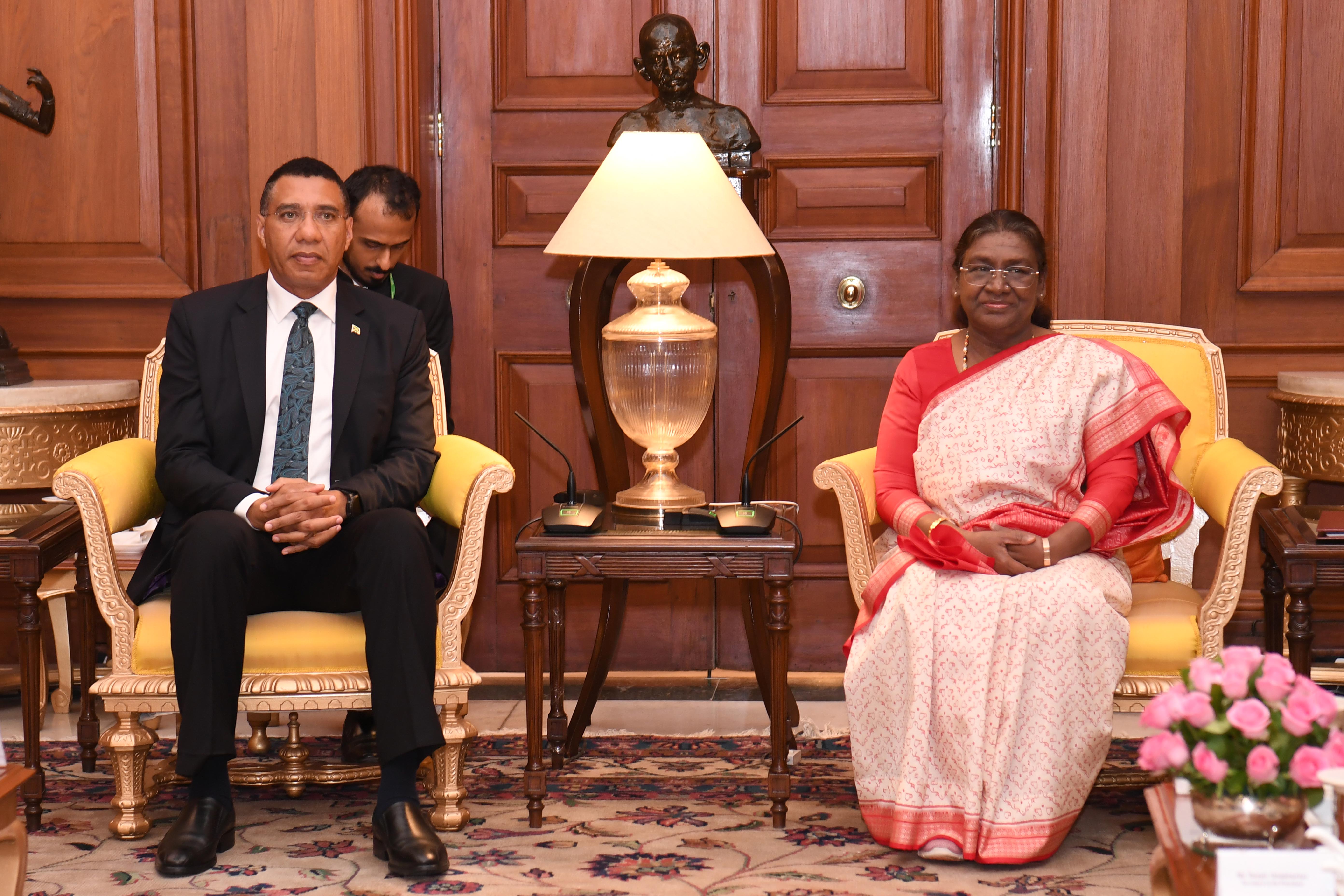 The Prime Minister of Jamaica, the Most Honourable Andrew Holness called on the President of India, Smt. Droupadi Murmu at Rashtrapati Bhavan on October 1, 2024.