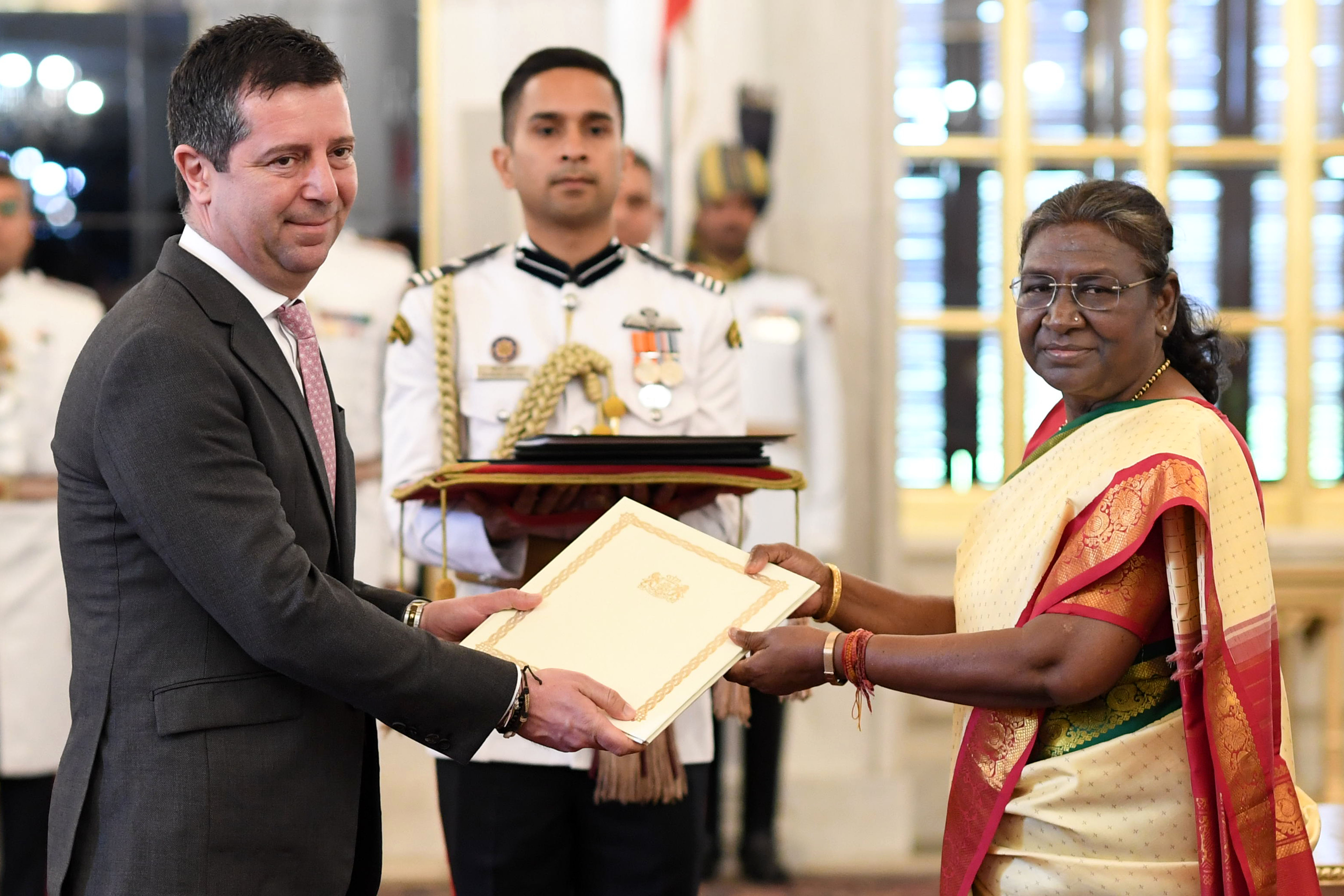 H.E. Mr Vakhtang Jaoshvili, Ambassador of Georgias presenting credentials to the President of India, Smt Droupadi Murmu at Rashtrapati Bhavan on March 27, 2024.